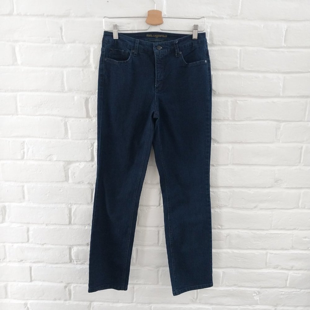 Karl Lagerfeld Embellished Jeans Womens 6 Blue Jeweled Straight Leg Dark Stretch